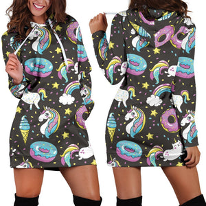 Girly Unicorn Donut Pattern Print Hoodie Dress GearFrost