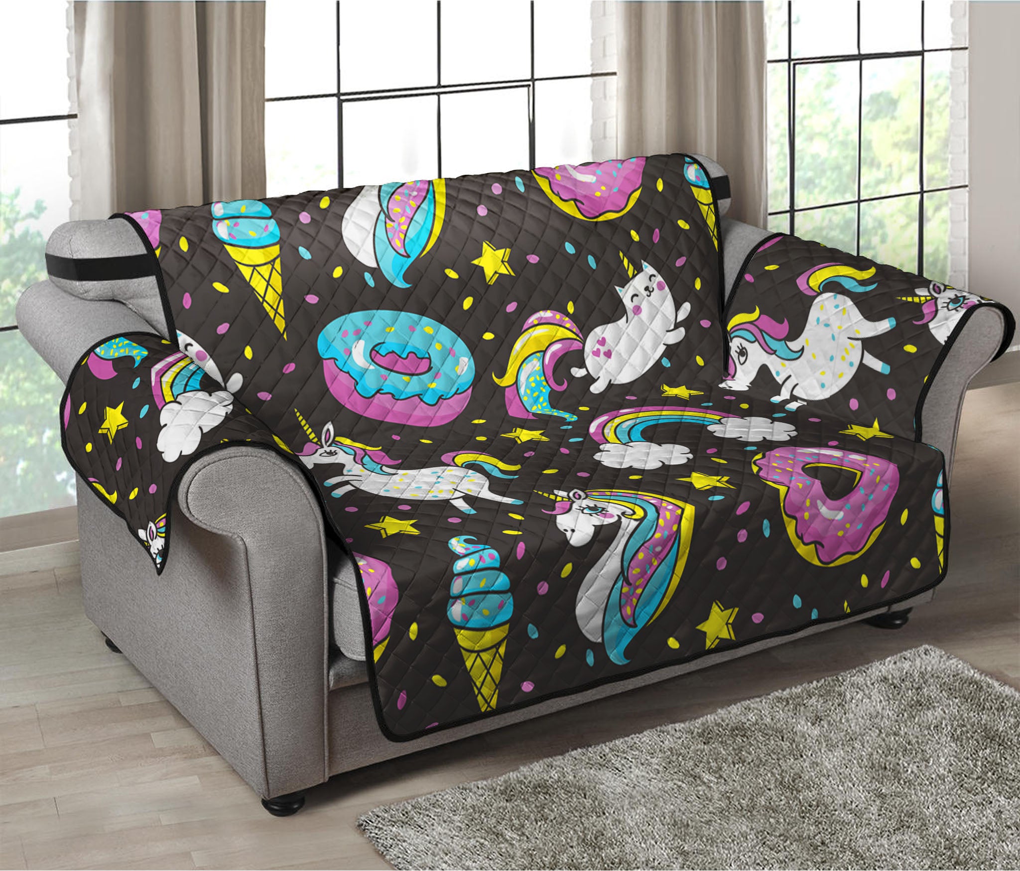 Girly Unicorn Donut Pattern Print Loveseat Protector