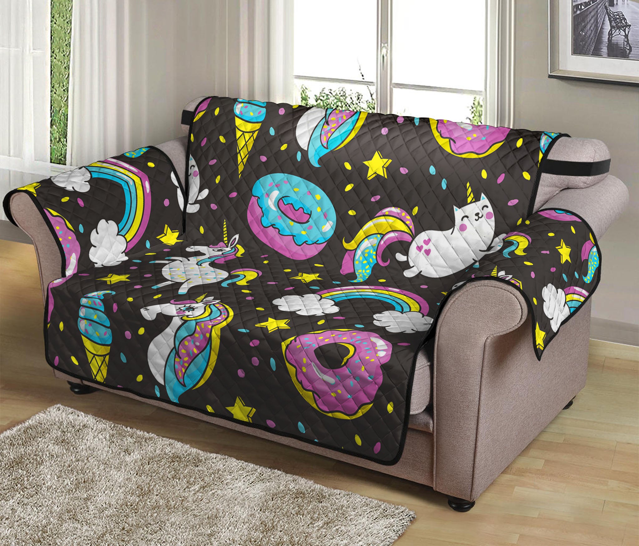 Girly Unicorn Donut Pattern Print Loveseat Protector