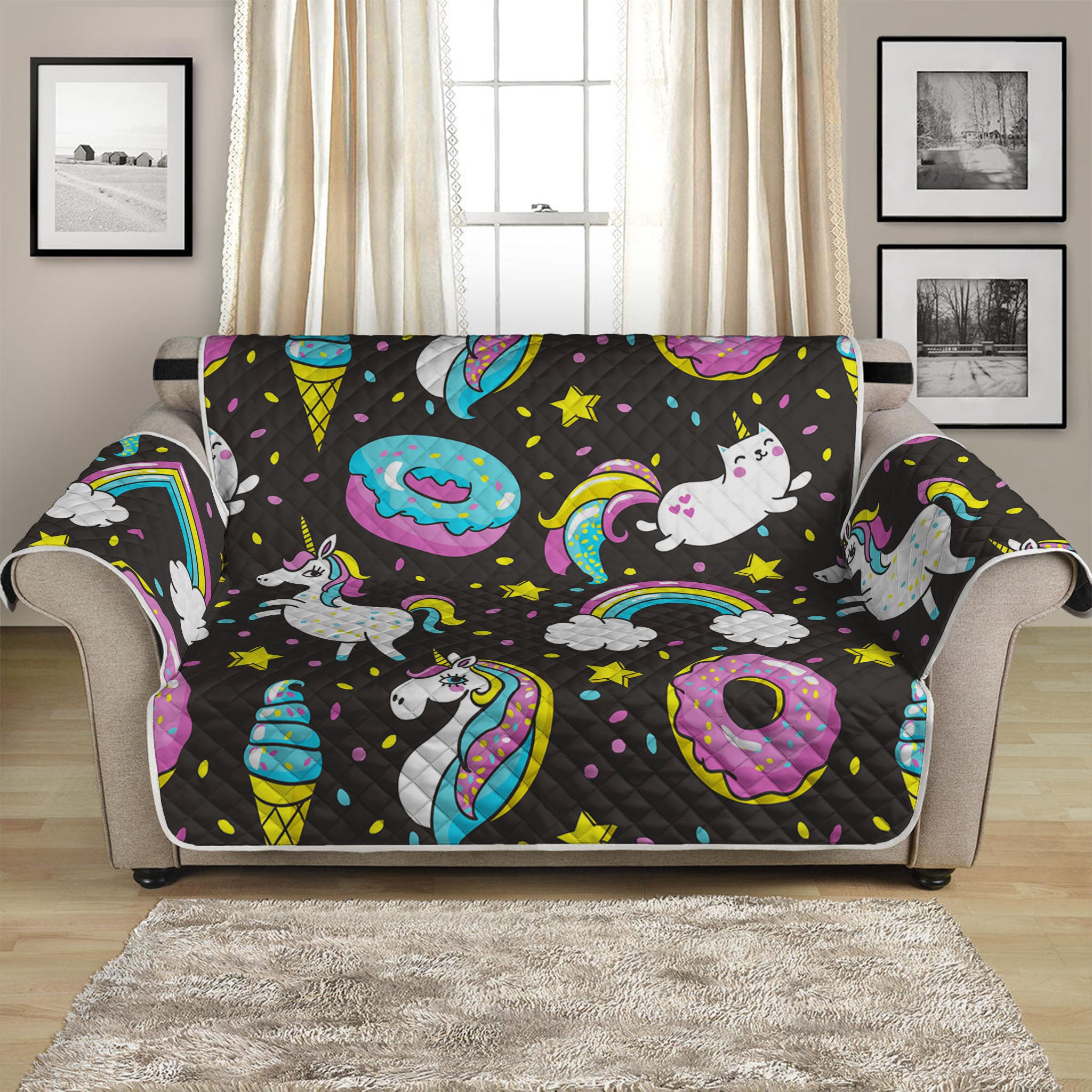 Girly Unicorn Donut Pattern Print Loveseat Protector