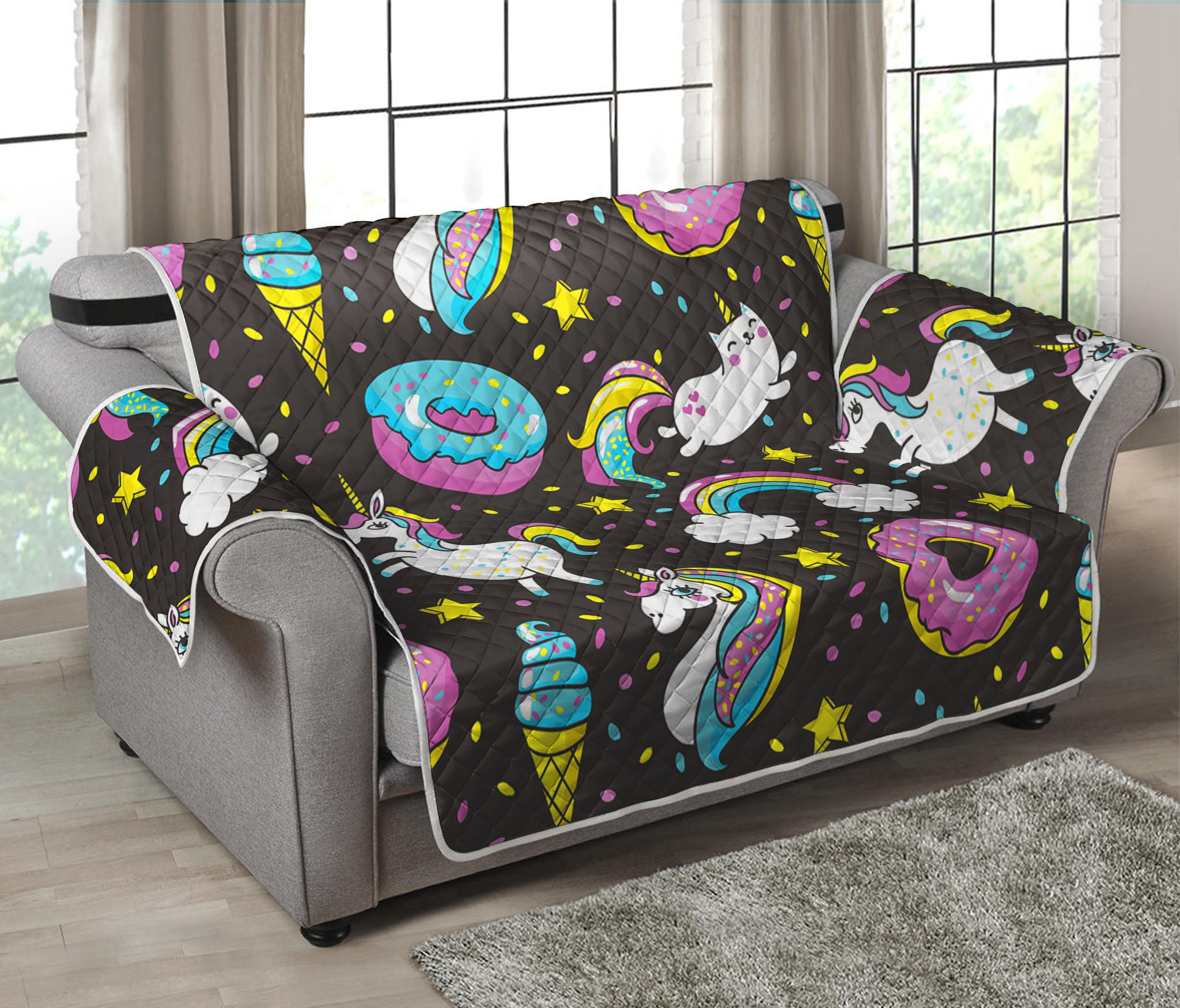 Girly Unicorn Donut Pattern Print Loveseat Protector