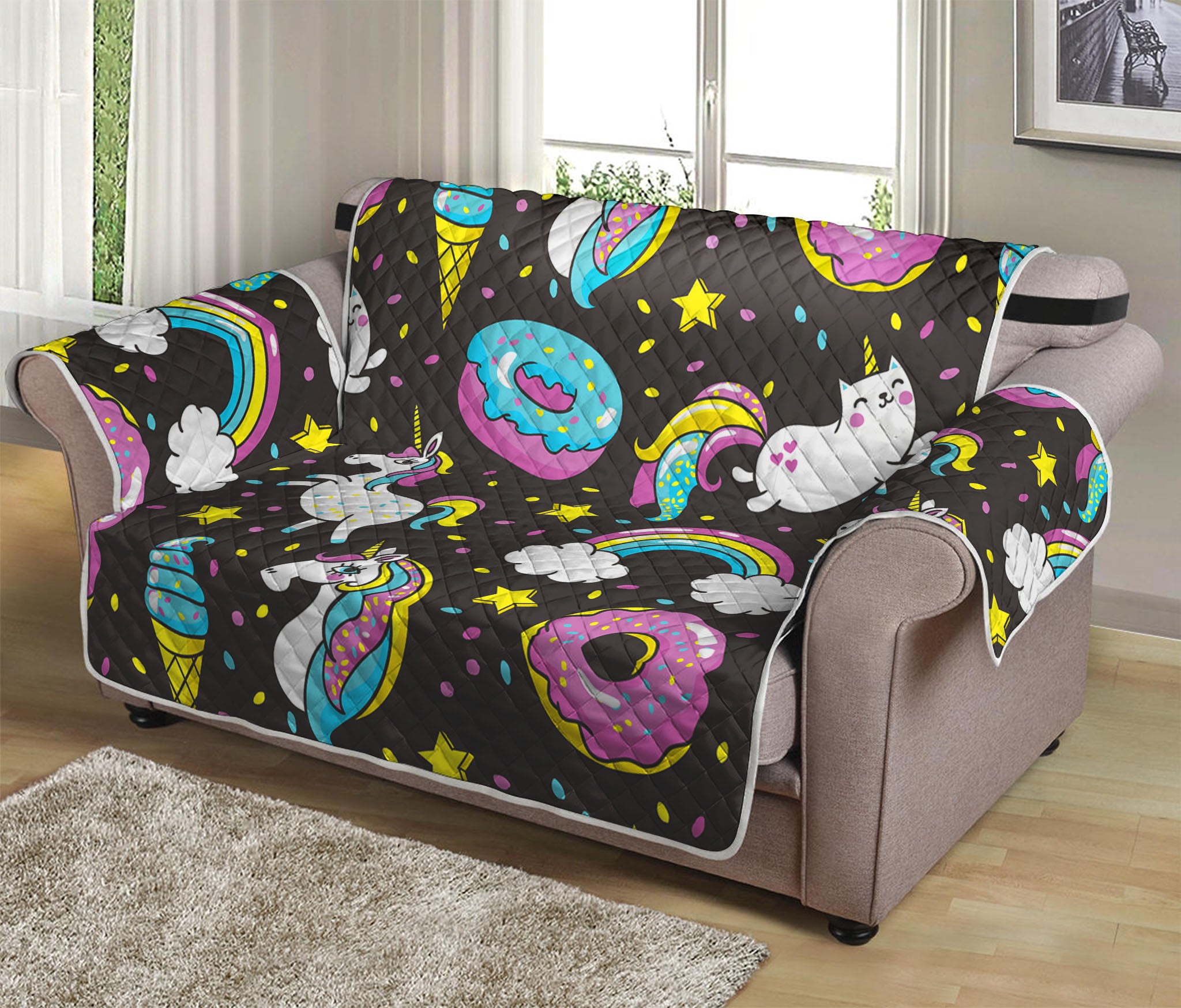 Girly Unicorn Donut Pattern Print Loveseat Protector