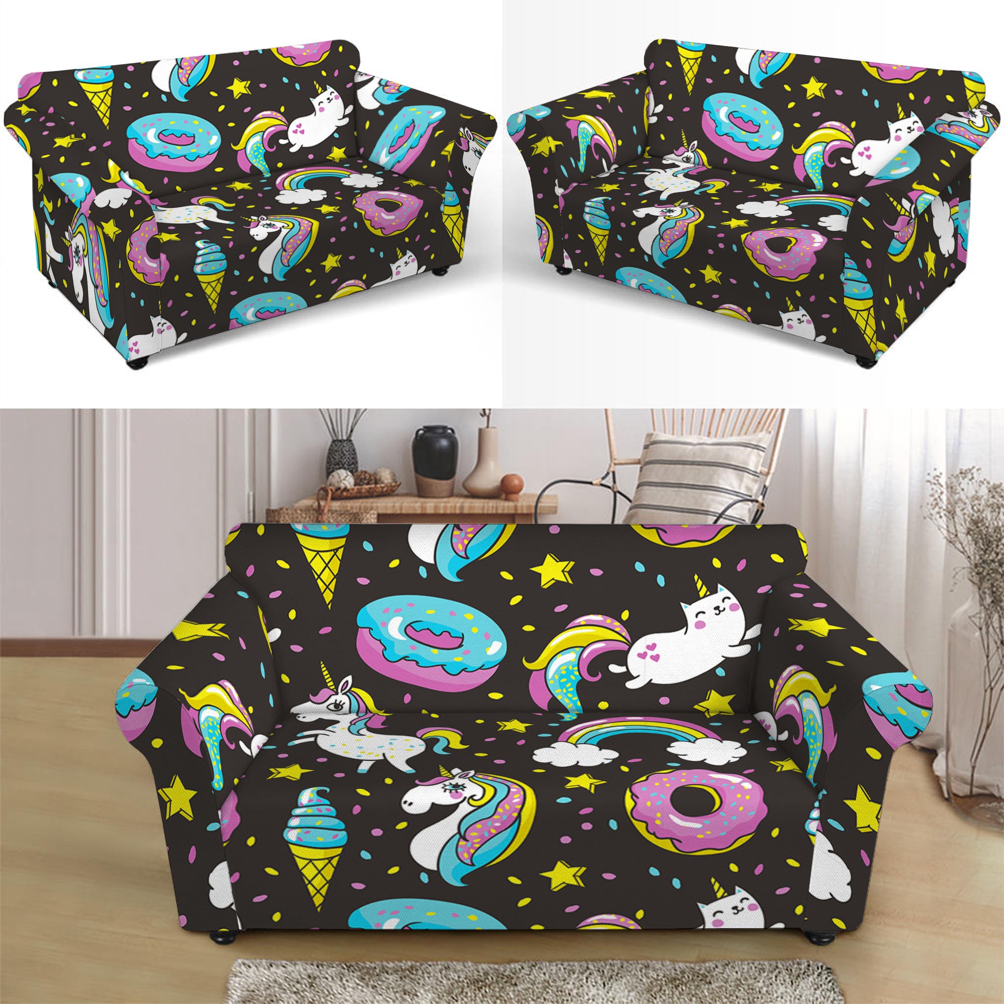 Girly Unicorn Donut Pattern Print Loveseat Slipcover