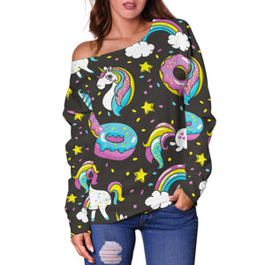 Girly Unicorn Donut Pattern Print Off Shoulder Sweatshirt GearFrost