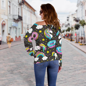 Girly Unicorn Donut Pattern Print Off Shoulder Sweatshirt GearFrost