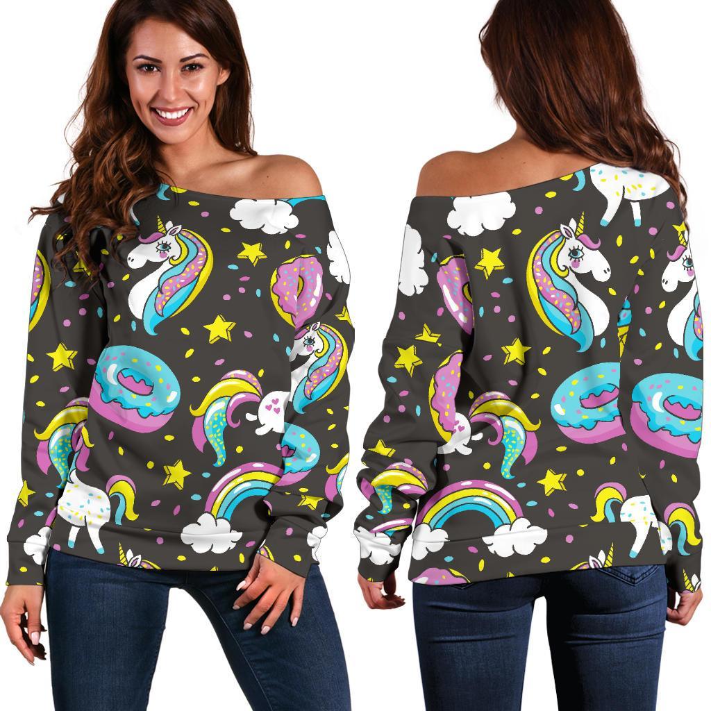 Girly Unicorn Donut Pattern Print Off Shoulder Sweatshirt GearFrost