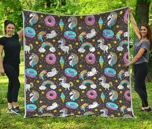 Girly Unicorn Donut Pattern Print Quilt