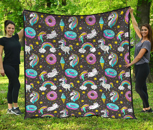 Girly Unicorn Donut Pattern Print Quilt