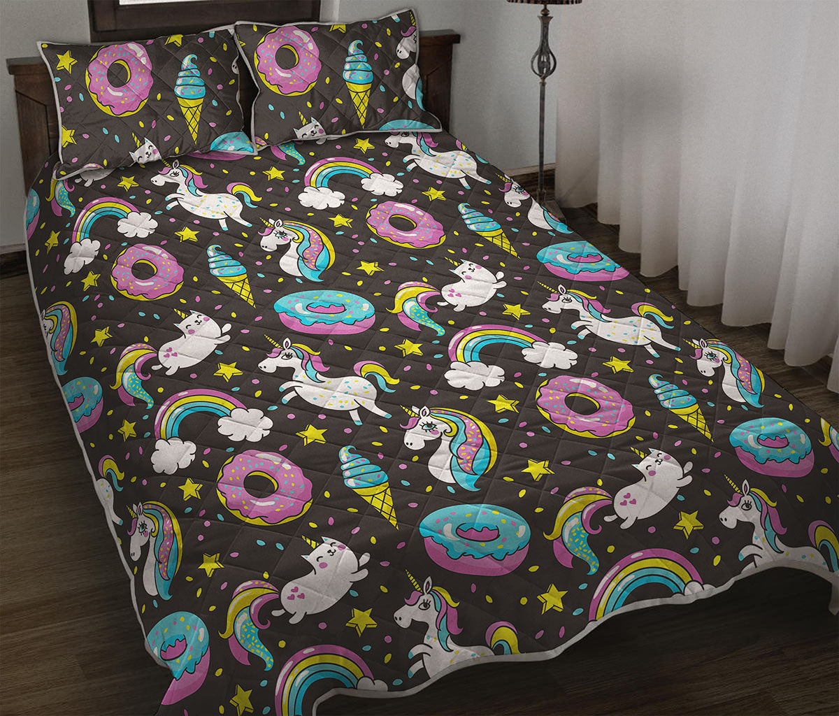 Girly Unicorn Donut Pattern Print Quilt Bed Set