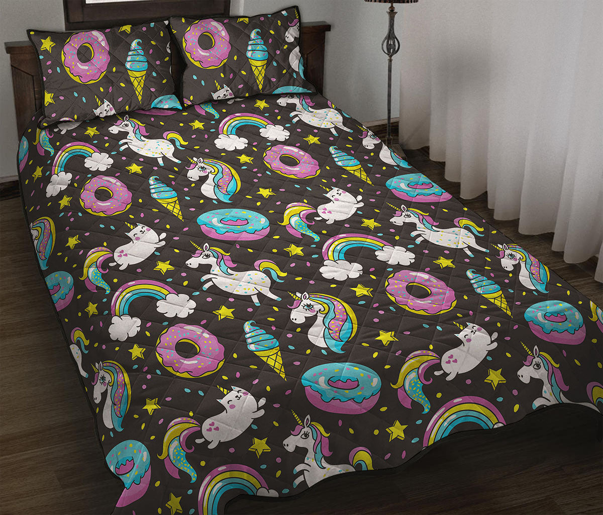 Girly Unicorn Donut Pattern Print Quilt Bed Set