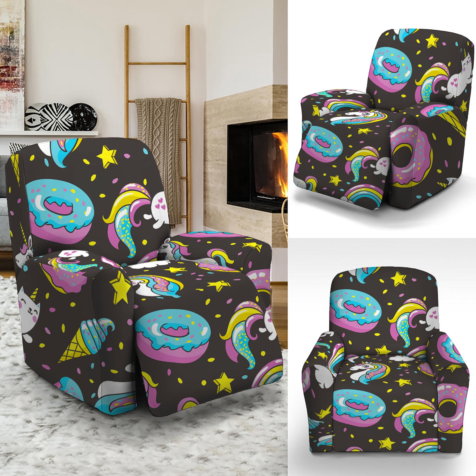 Girly Unicorn Donut Pattern Print Recliner Slipcover