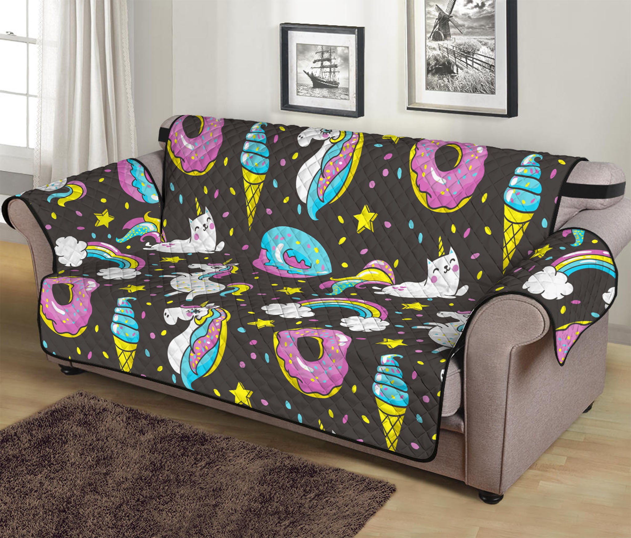 Girly Unicorn Donut Pattern Print Sofa Protector