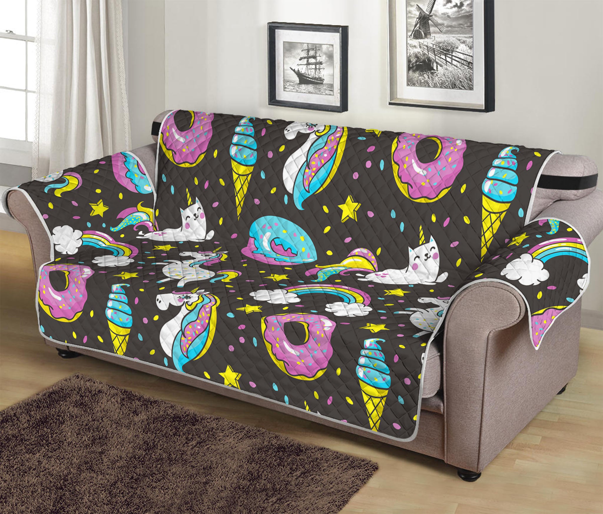 Girly Unicorn Donut Pattern Print Sofa Protector