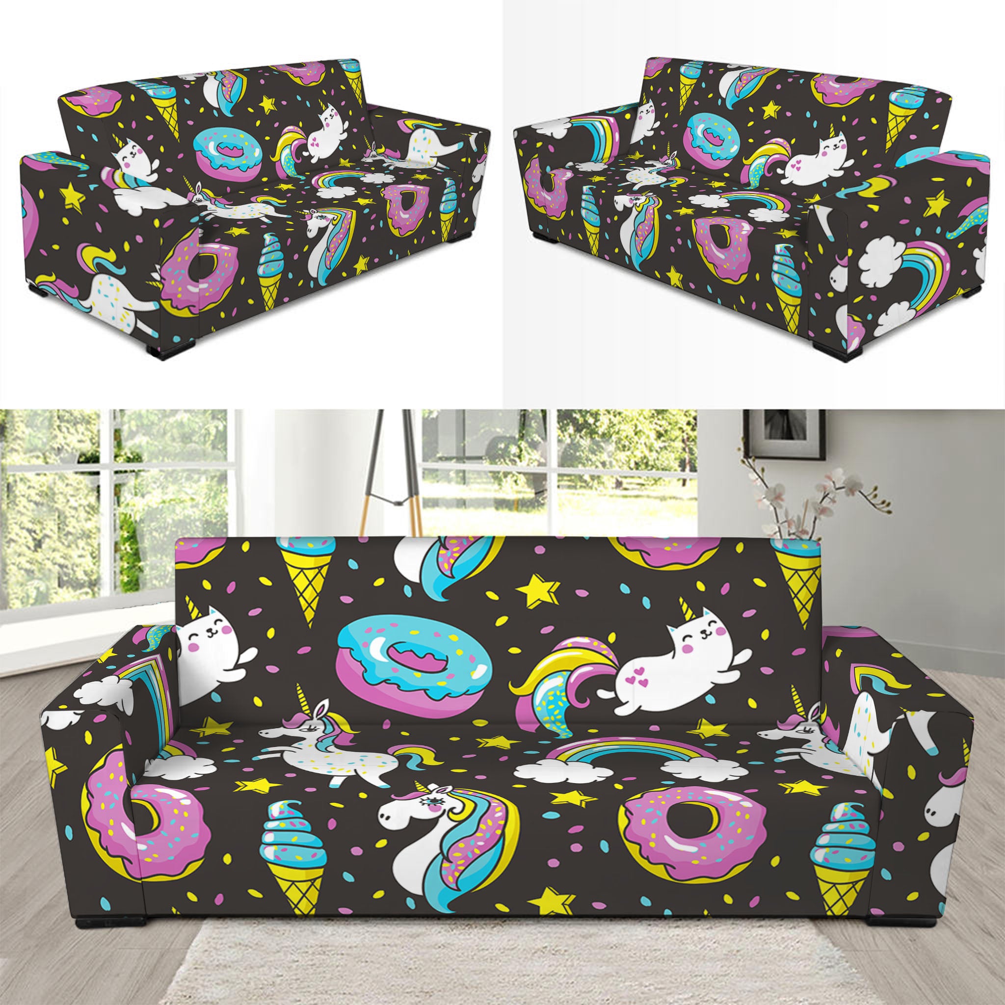 Girly Unicorn Donut Pattern Print Sofa Slipcover