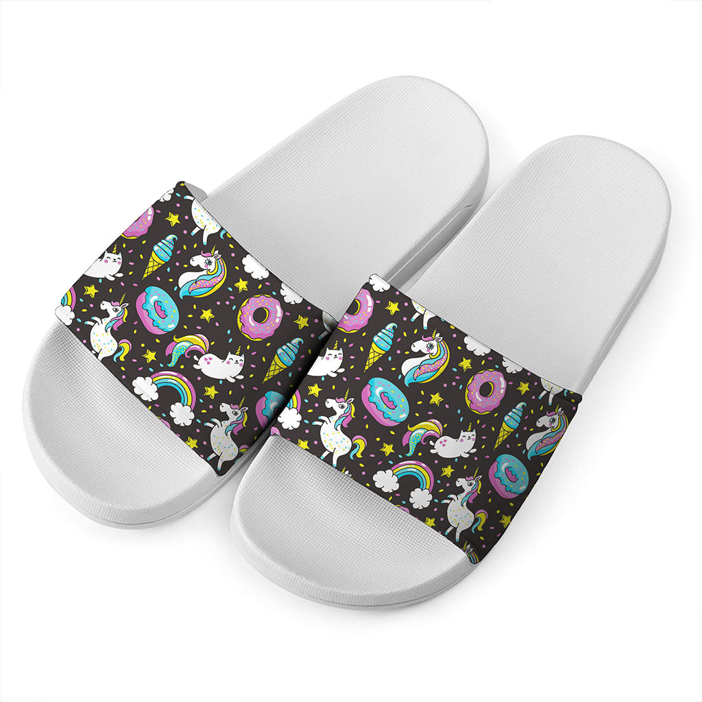 Girly Unicorn Donut Pattern Print White Slide Sandals