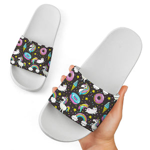 Girly Unicorn Donut Pattern Print White Slide Sandals