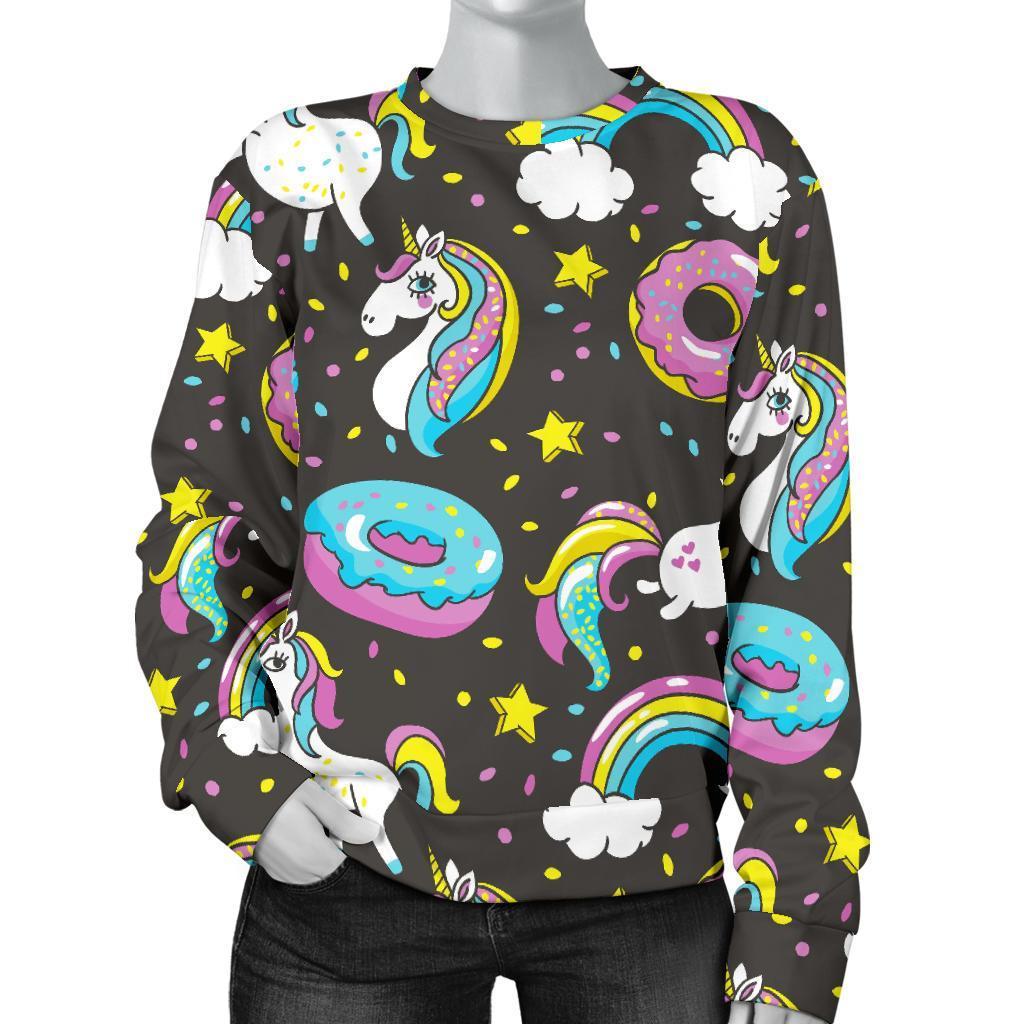 Girly Unicorn Donut Pattern Print Women's Crewneck Sweatshirt GearFrost