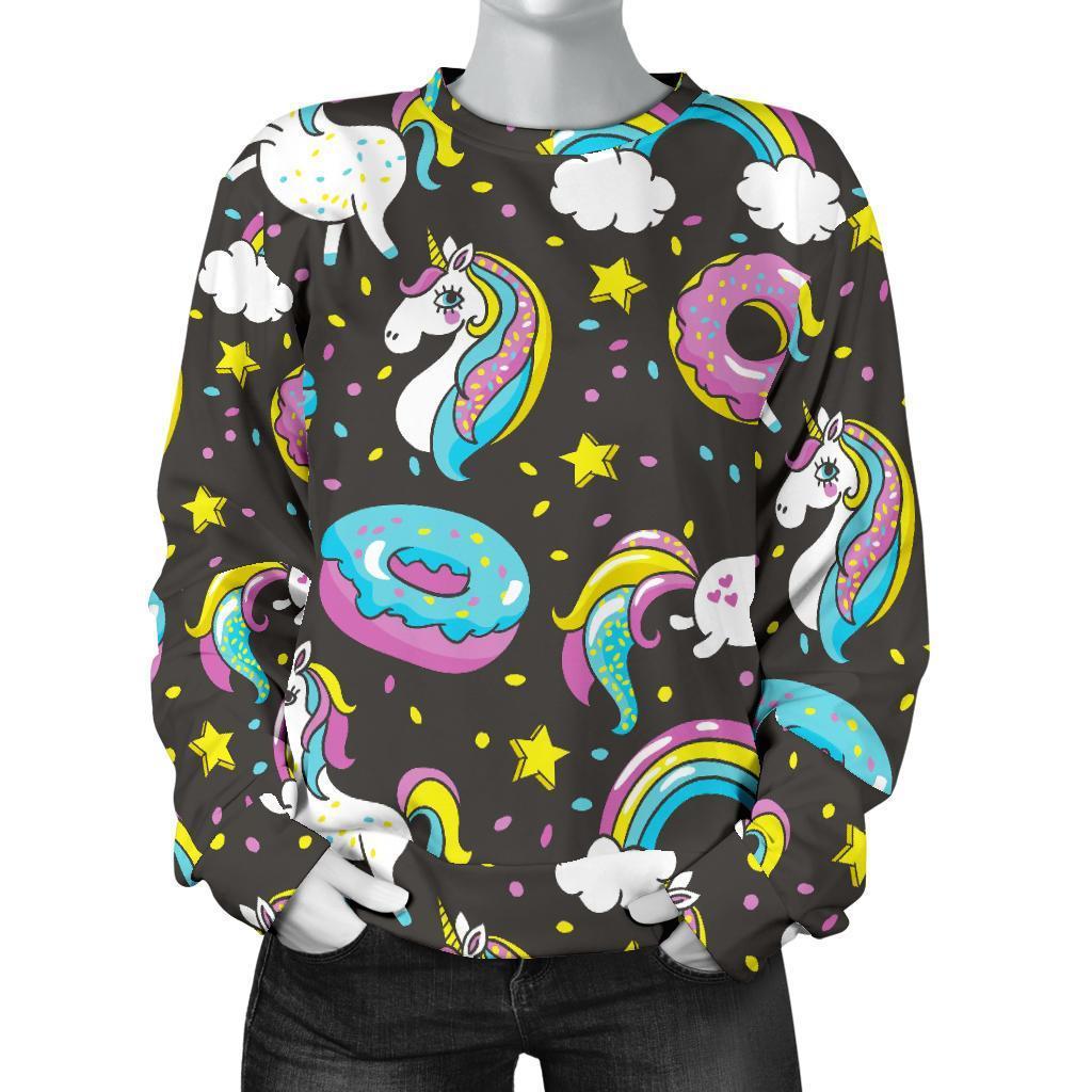 Girly Unicorn Donut Pattern Print Women's Crewneck Sweatshirt GearFrost