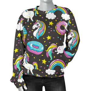 Girly Unicorn Donut Pattern Print Women's Crewneck Sweatshirt GearFrost