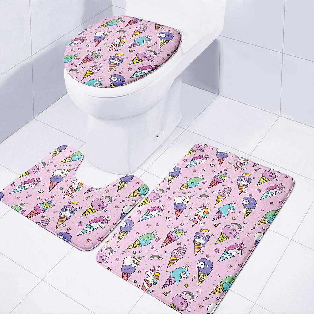 Girly Unicorn Ice Cream Pattern Print 3 Piece Bath Mat Set