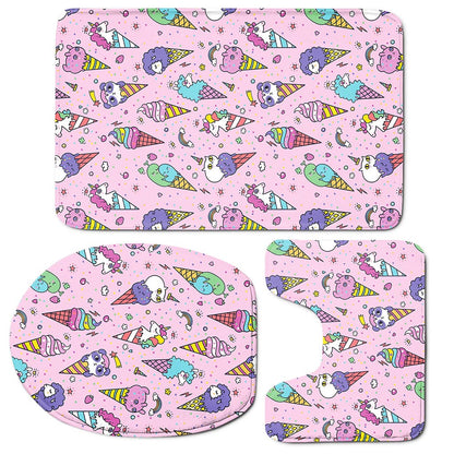 Girly Unicorn Ice Cream Pattern Print 3 Piece Bath Mat Set