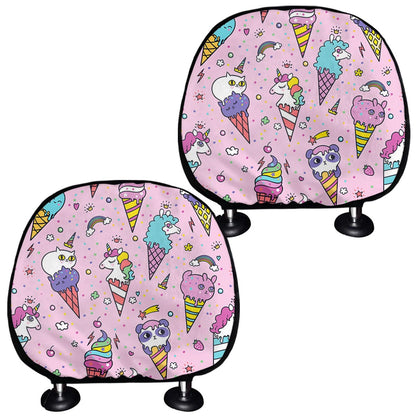 Girly Unicorn Ice Cream Pattern Print Car Headrest Covers