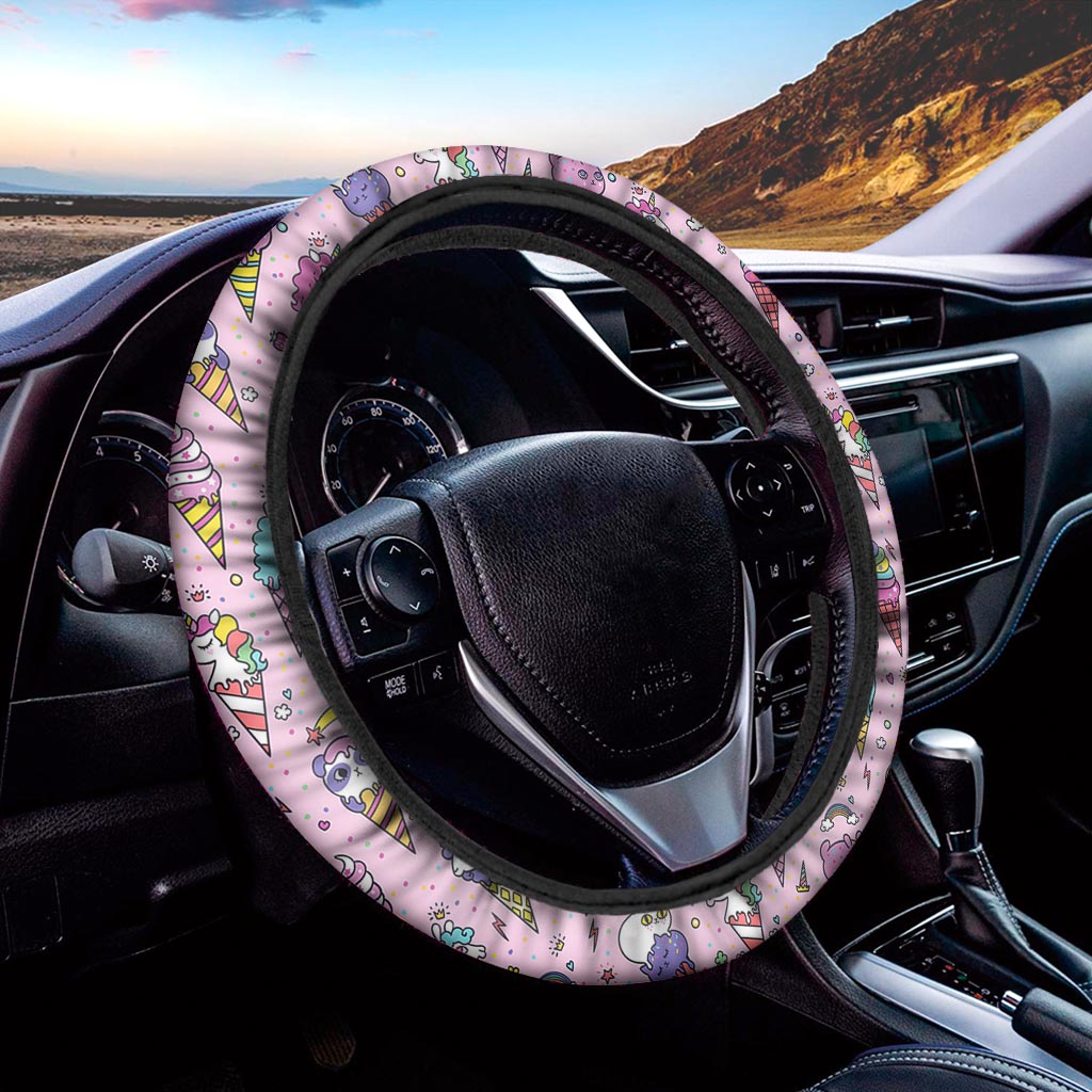 Girly Unicorn Ice Cream Pattern Print Car Steering Wheel Cover