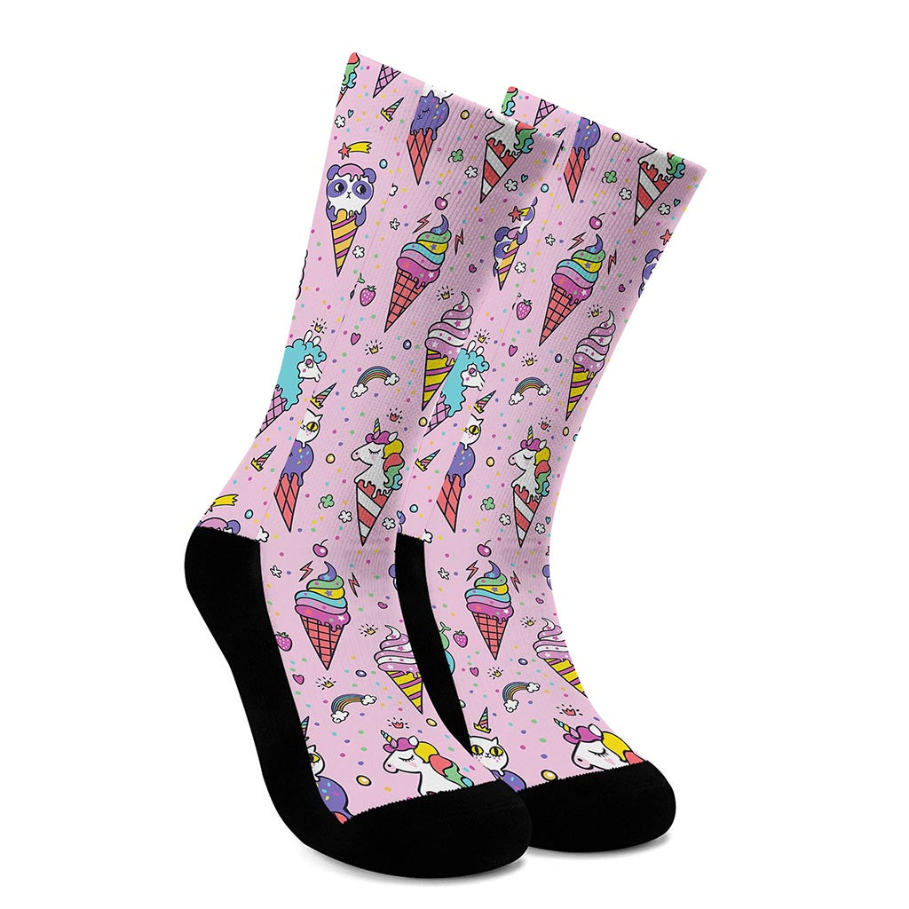 Girly Unicorn Ice Cream Pattern Print Crew Socks