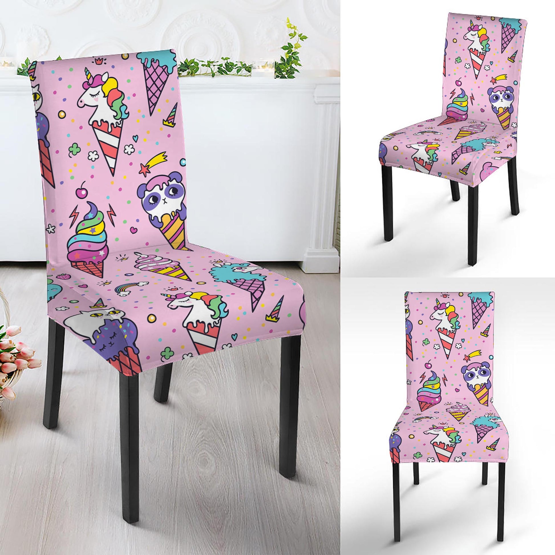 Girly Unicorn Ice Cream Pattern Print Dining Chair Slipcover