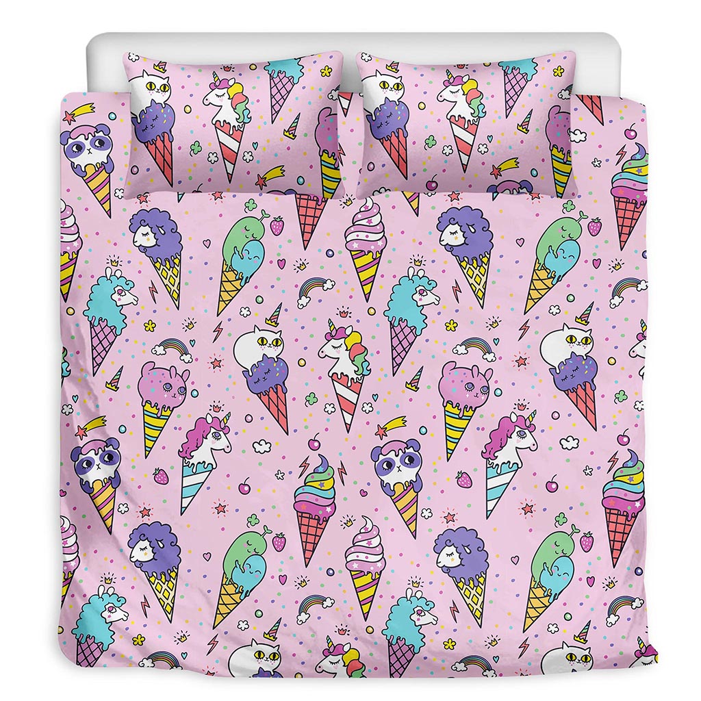 Girly Unicorn Ice Cream Pattern Print Duvet Cover Bedding Set