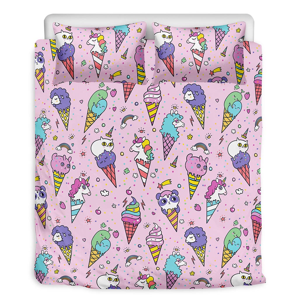 Girly Unicorn Ice Cream Pattern Print Duvet Cover Bedding Set