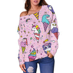 Girly Unicorn Ice Cream Pattern Print Off Shoulder Sweatshirt GearFrost