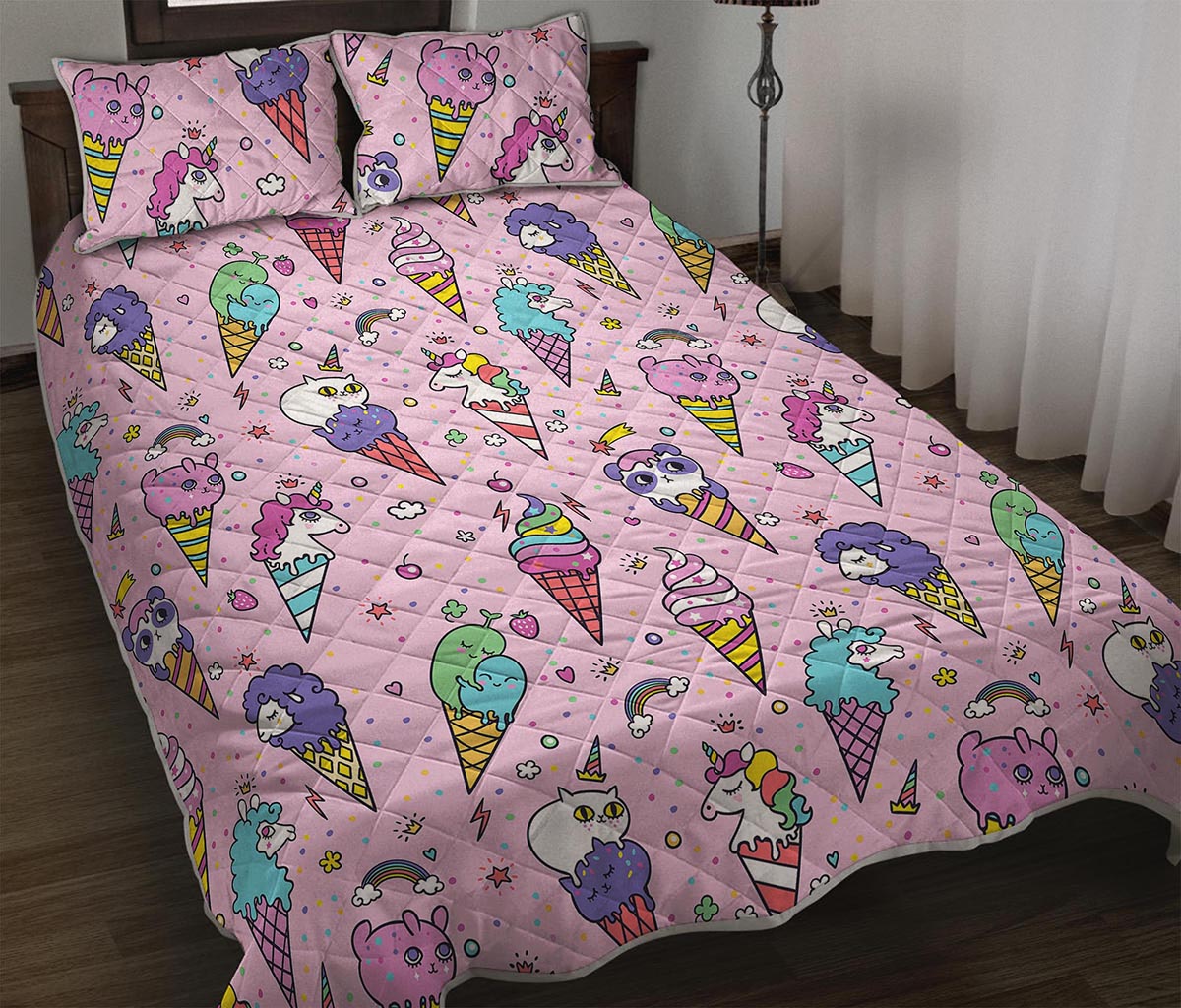 Girly Unicorn Ice Cream Pattern Print Quilt Bed Set