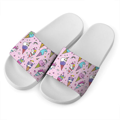 Girly Unicorn Ice Cream Pattern Print White Slide Sandals