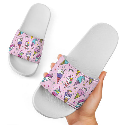 Girly Unicorn Ice Cream Pattern Print White Slide Sandals
