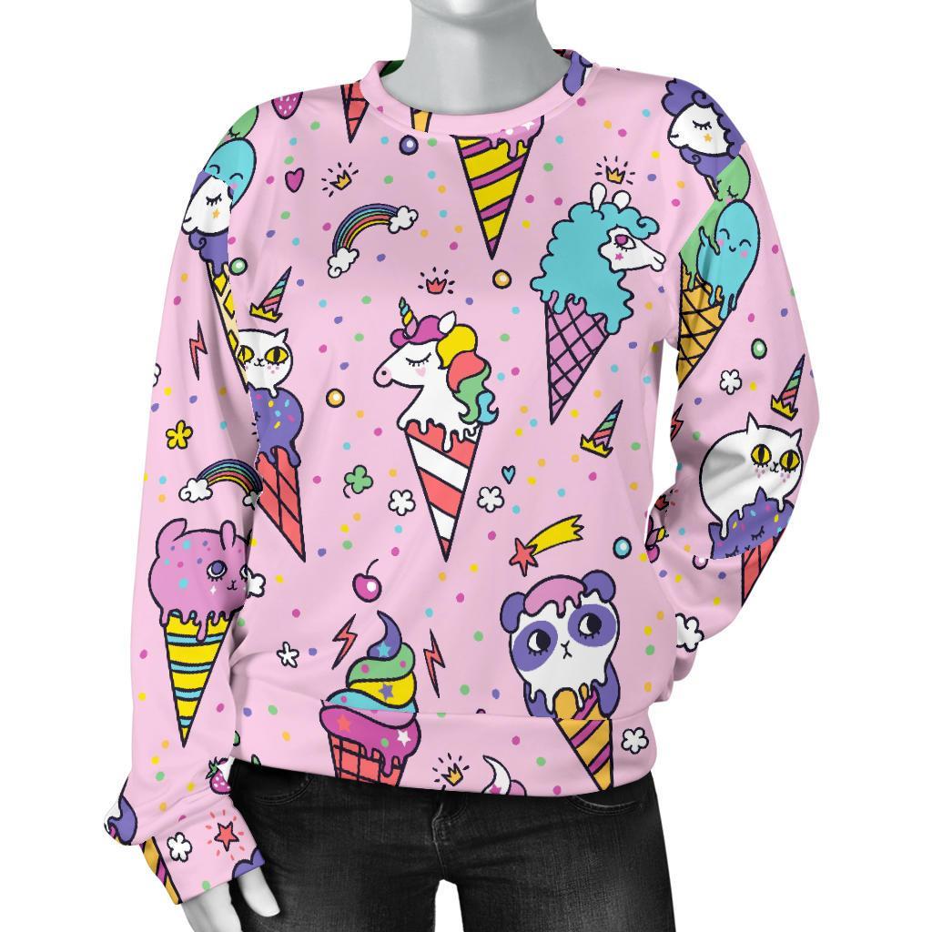 Girly Unicorn Ice Cream Pattern Print Women's Crewneck Sweatshirt GearFrost