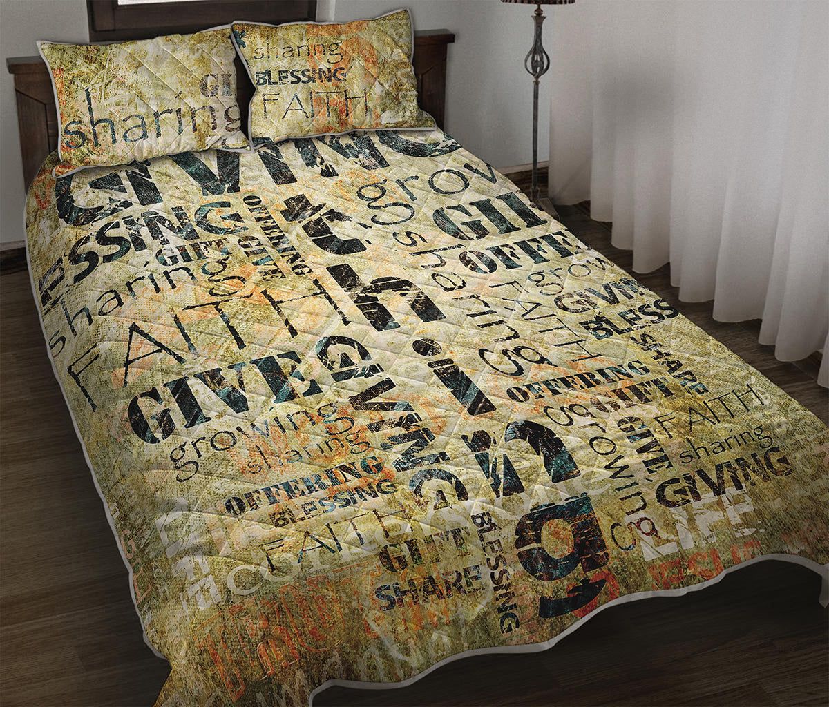 Giving And Tithing Religious Words Print Quilt Bed Set
