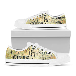 Giving And Tithing Religious Words Print White Low Top Shoes