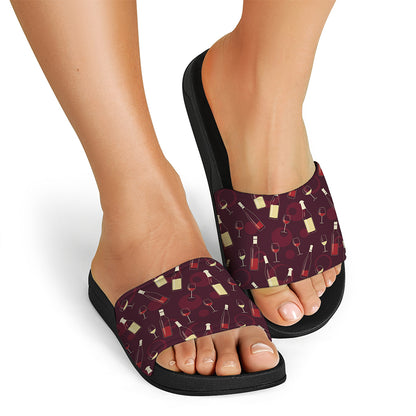 Glasses And Bottles Of Wine Print Black Slide Sandals
