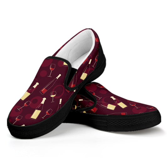 Glasses And Bottles Of Wine Print Black Slip On Shoes