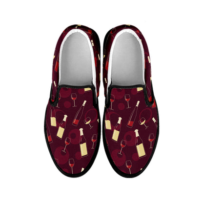 Glasses And Bottles Of Wine Print Black Slip On Shoes