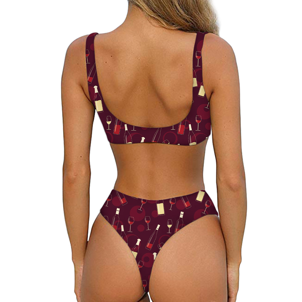 Glasses And Bottles Of Wine Print Front Bow Tie Bikini