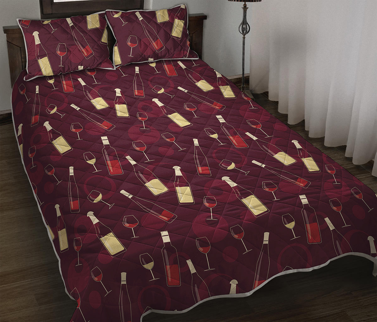 Glasses And Bottles Of Wine Print Quilt Bed Set