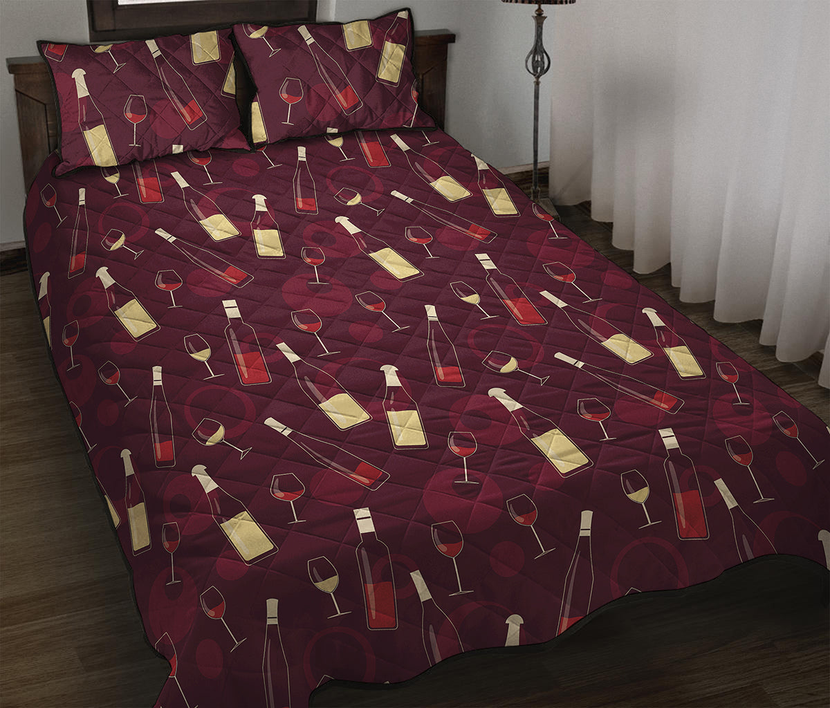 Glasses And Bottles Of Wine Print Quilt Bed Set