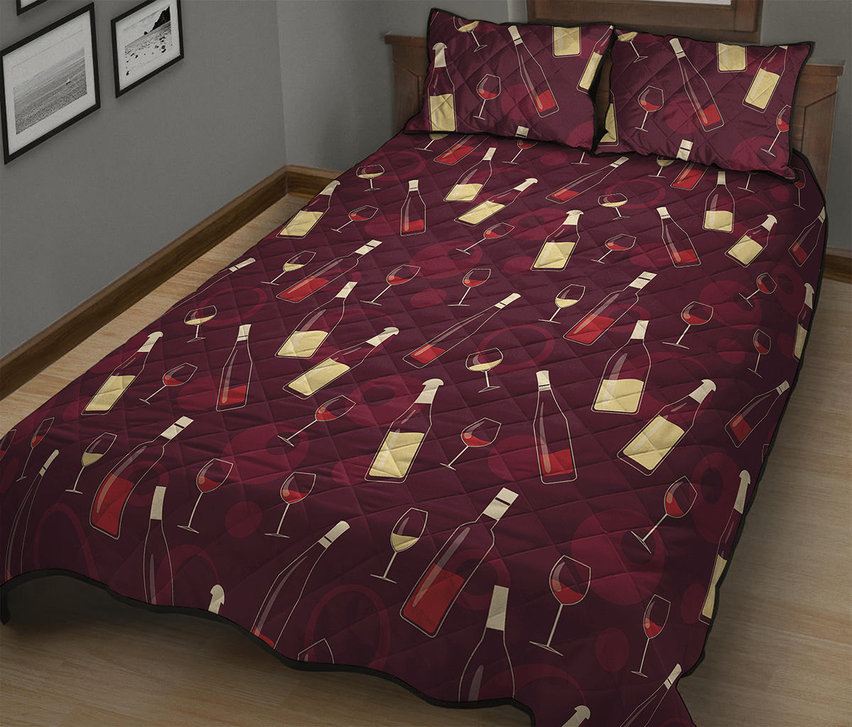 Glasses And Bottles Of Wine Print Quilt Bed Set