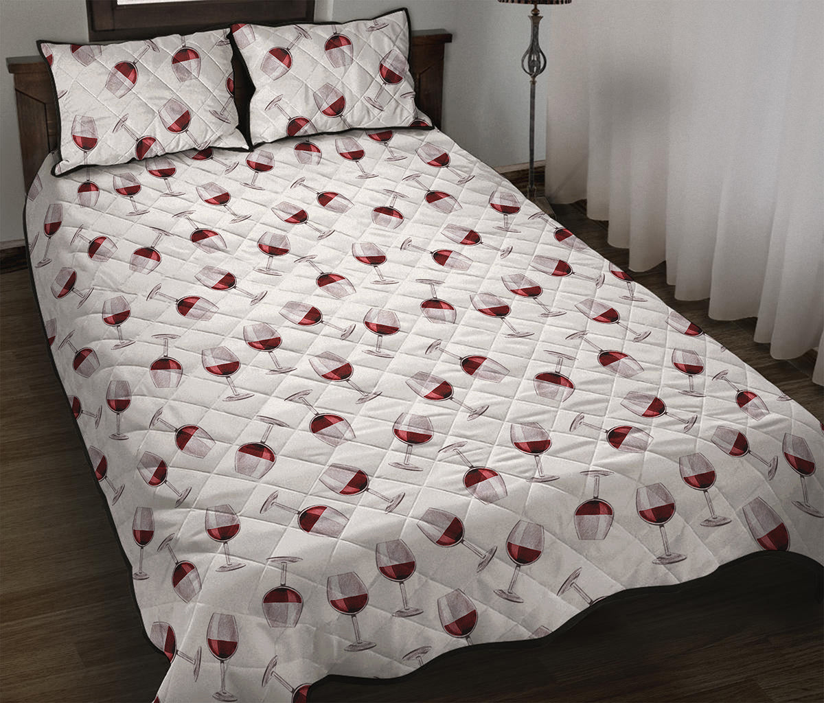 Glasses Of Wine Pattern Print Quilt Bed Set