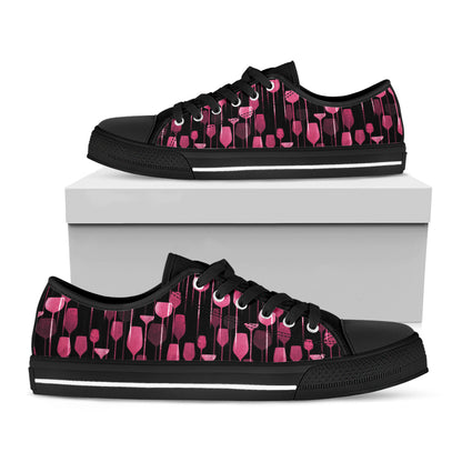 Glasses Of Wine Print Black Low Top Shoes
