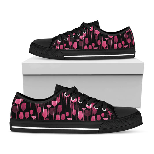 Glasses Of Wine Print Black Low Top Shoes