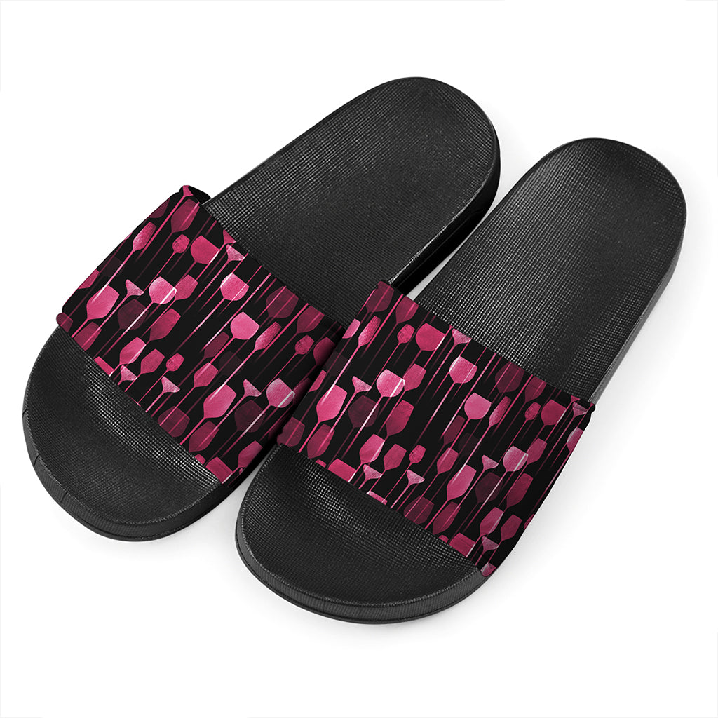 Glasses Of Wine Print Black Slide Sandals