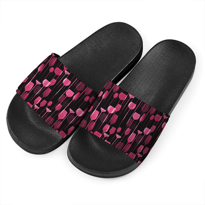Glasses Of Wine Print Black Slide Sandals